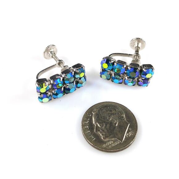 Vintage Blue Aurora Borealis Rhinestone Earrings, Rhodium Plated, Screw Backs - Picture 9 of 10
